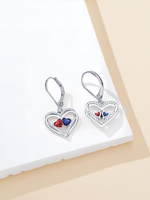 Heart Leverback Earrings Double Birthstone Dangle Earrings for Women, Love Jewelry for Her, Christmas Gifts for Women, Anniversary Birthday Gift for Mom Wife Girlfriend