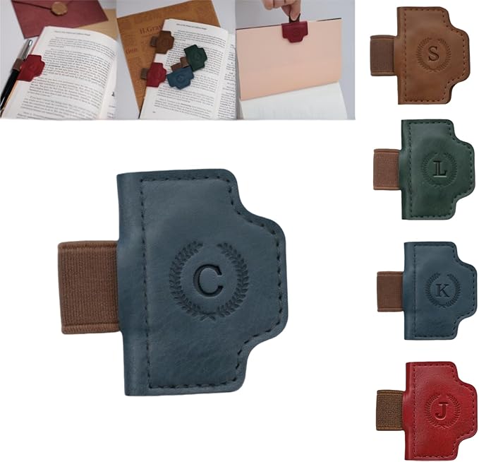 Personalized Magnetic Bygone Mark Bookmark with Pen Holder, 26 Letters Name Initial Custom Leather Book Mark for Women, Gifts for Book Lovers and Readers (Blue,C)