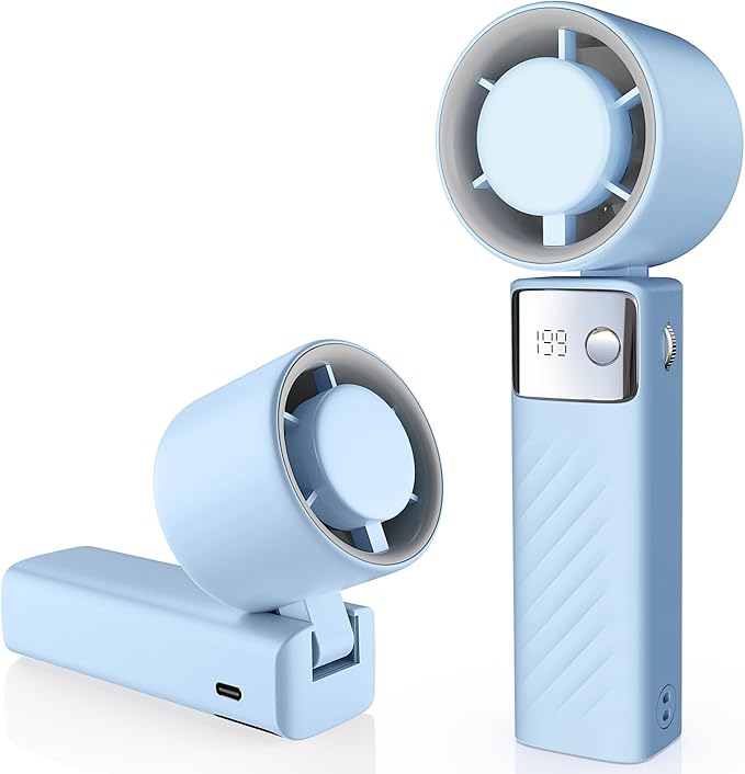 Portable Handheld Turbo Fan - Foldable Mini Fan with Air Turbo Tech, 1-199 Speed Adjustment, 20H Runtime, LED Display, Battery-Powered for Indoor/Outdoor Use Light Blue