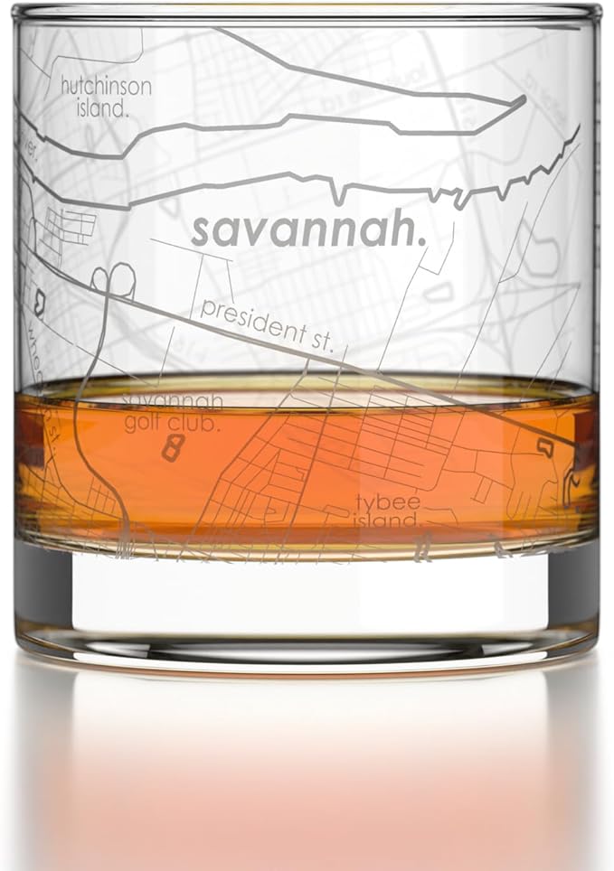 Well Told Engraved Savannah Georgia Map Rocks Glass, Old Fashioned Glassware (11 oz, Clear) Etched Bourbon Tumbler, Gifts For Whiskey Lovers