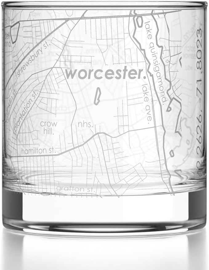 Well Told Engraved Worcester Massachusetts Map Rocks Glass, Old Fashioned Glassware (11 oz, Clear) Etched Bourbon Tumbler, Gifts For Whiskey Lovers