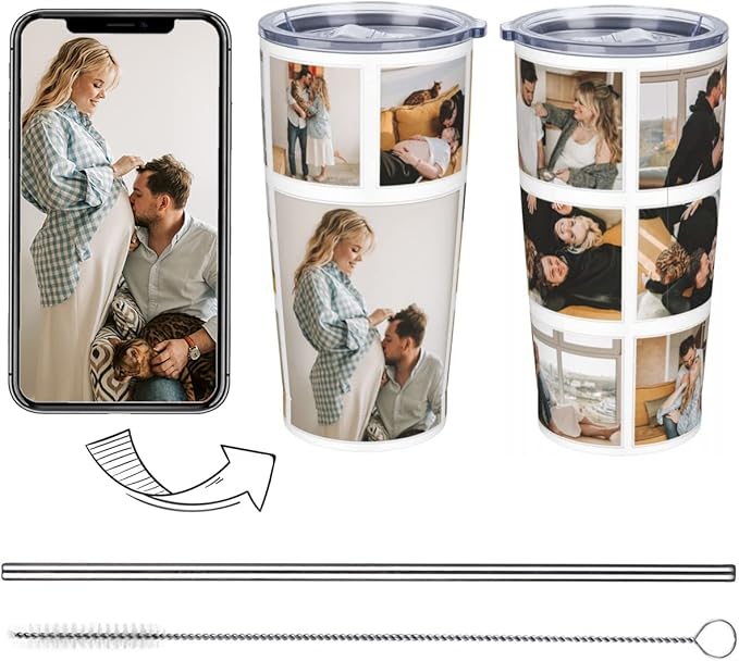 Personalized Custom tumbler Coffee Mug with Lid and Straw Hot and Cold Stainless Steel Vacuum Insulated Travel Mug with Photo Personalized tumbler Gift (20 oz, Funnel，9 photos)
