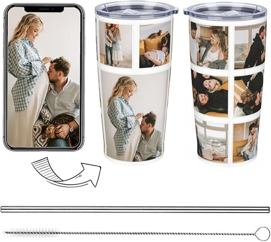 Personalized Custom tumbler Coffee Mug with Lid and Straw Hot and Cold Stainless Steel Vacuum Insulated Travel Mug with Photo Personalized tumbler Gift (20 oz, Funnel，9 photos)