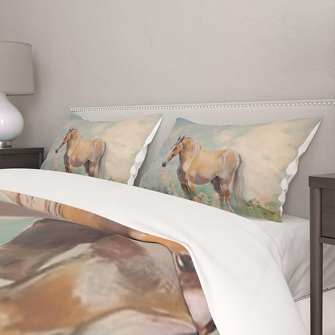 Girls Horse Comforter Sets Queen Size,Retro Floral Bedding Wild Animal Galloping Horse Quilt Sets for Kids Teens 3 Pieces Sets with Pillowcases Bedroom Decor