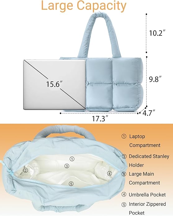 Herald Puffer Tote Bag for Women, Large Quilted Puffy Handbag Lightweight Satchel Purse with Cup Holder & Compartment