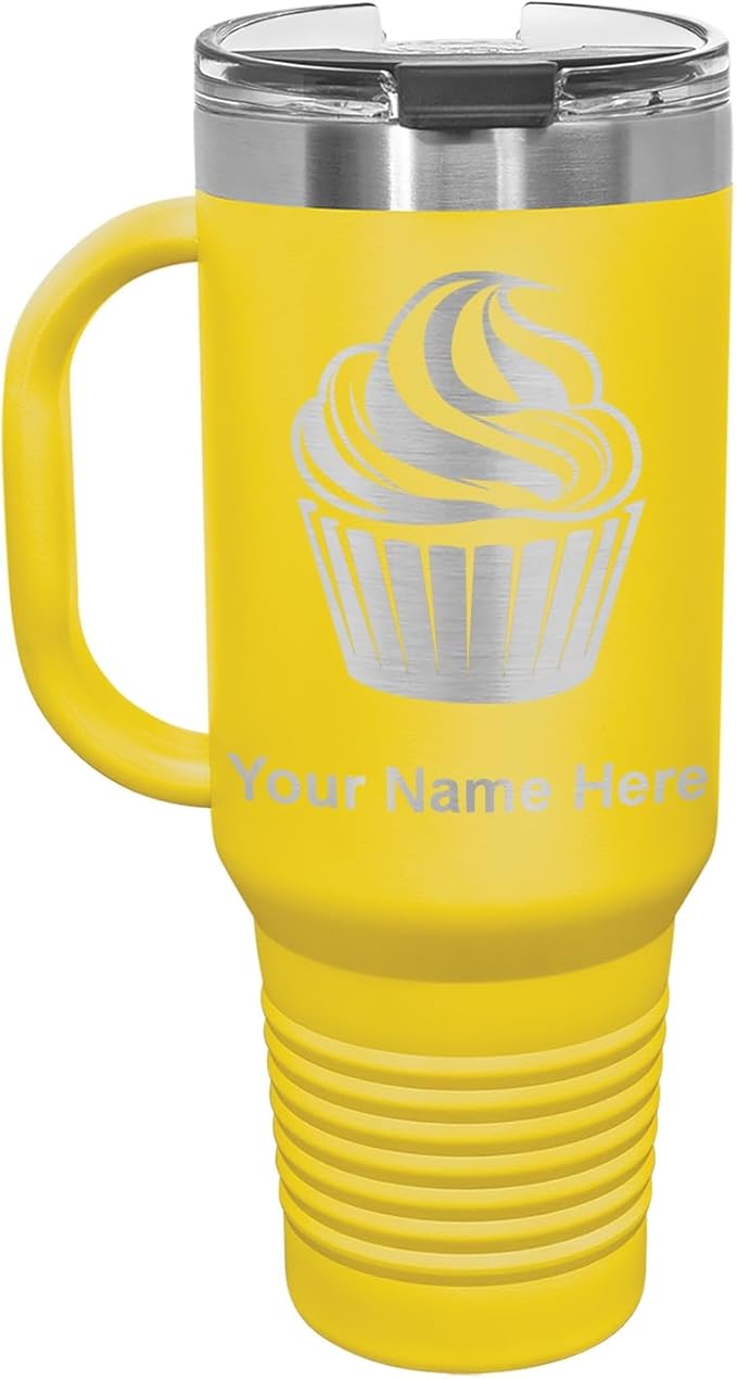 LaserGram 40oz Vacuum Insulated Travel Mug with Handle, Cup Cake, Personalized Engraving Included (Yellow)