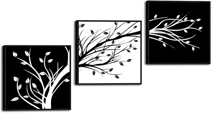 Wieco Art Black Framed Leaves Modern 3 Panels Flowers Artwork Black and White Abstract Floral Trees Canvas Prints Wall Art for Living Room Home Decorations