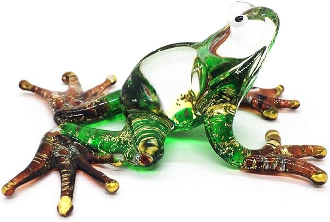 WitnyStore 2¾" Glitter Green Brown Frog Artistic Blown Glass Figurine Premium Hand-Blown Statue Tabletop Decoration Unique Collectible for Adult Collectors Handcrafted Elegant Home Room Decor