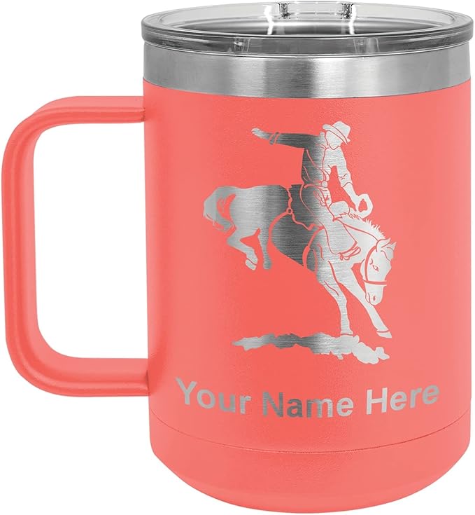 LaserGram 15oz Vacuum Insulated Coffee Mug, Bronco Rider, Personalized Engraving Included (Coral)