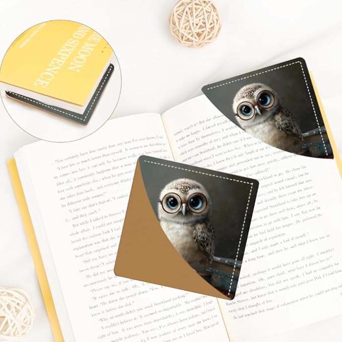 2PCS Leather Bookmarks 3.54 x 3.54 Inch Night Owl with Glasses and Vintage Books Design Reading Accessories for Books Journals Bibles Travel Diary Students Teachers and Book Lovers Gift