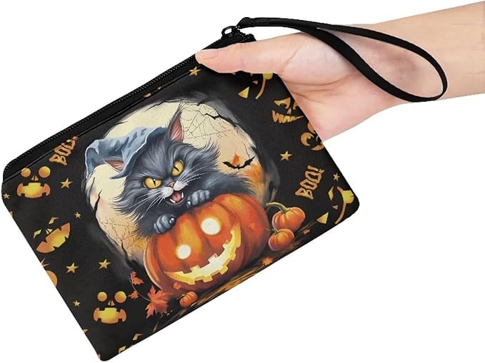Dolyues Halloween Coin Purse Black Cat Small Change Purse Card Holder Black Wallet for Women Men Portable Zipper Coin Purse Mini Change Wallet