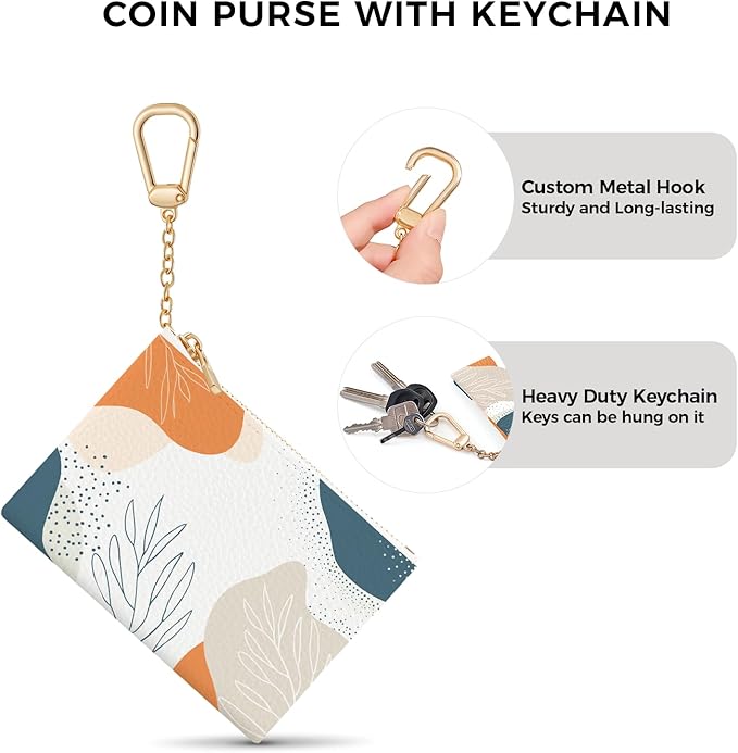 Boho Leaves Abstract Keychain Coin Purse for Women, Small PU Leather Change Pouch, Zipper Little Tiny Travel Wallet for Girls, Cute Kawaii Zip Pocket Coin Holder with Key Ring
