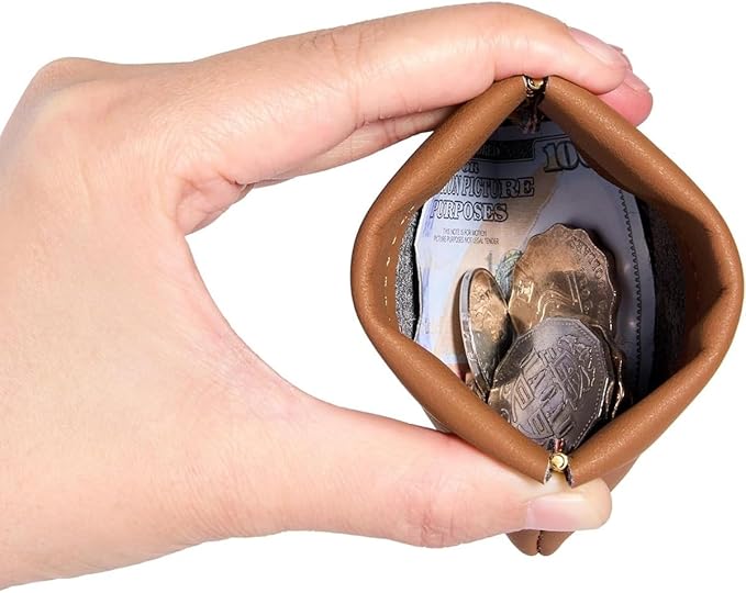Squeeze Coin Purse Genuine Leather Wallet Compact Change Holder Travel Pouch for Women Gift Box (Brown)