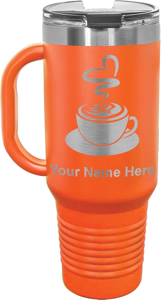 LaserGram 40oz Vacuum Insulated Travel Mug with Handle, Cup of Coffee, Personalized Engraving Included (Orange)