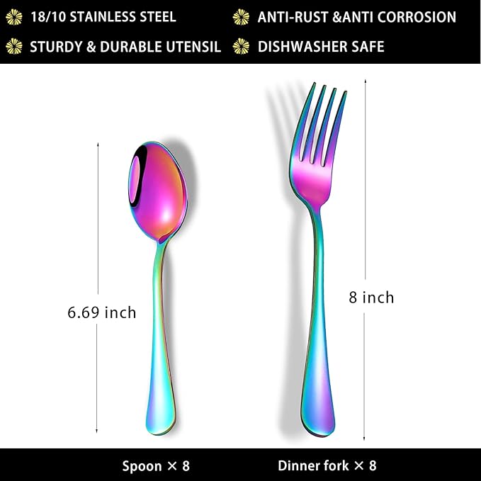Rainbow Spoons and Forks Set, Set of 16 Top Food Grade Stainless Steel Forks and Spoons Silverware Set, Kitchen Accessories Forks (8 Inch) and Spoons (6.69 Inch) Cutlery Set, Mirror Finish