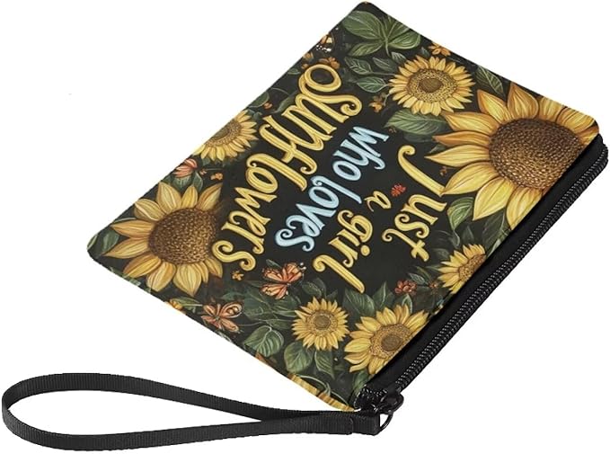 Dolyues Sunflower and Word Change Purses for Women Wristlet Strap Tote Wallet Zipper Coin Purse Credit Cards Bags Organizer Shopping Carrier Bag Wallets Change Pouch