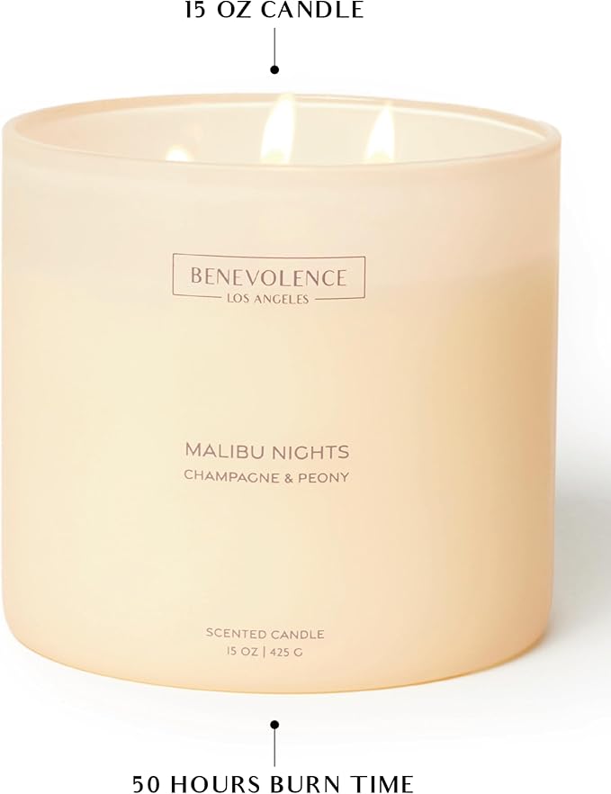Champagne & Peony – Benevolence LA Large 3-Wick Scented Candle for Home | 15oz, 50-Hour Burn | Natural Soy Wax, Cotton Wicks | Gift Ideas for Women | Malibu Sands Collection