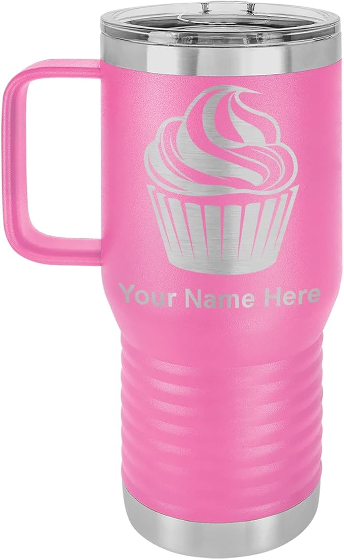 LaserGram 20oz Vacuum Insulated Travel Mug with Handle, Cup Cake, Personalized Engraving Included (Pink)