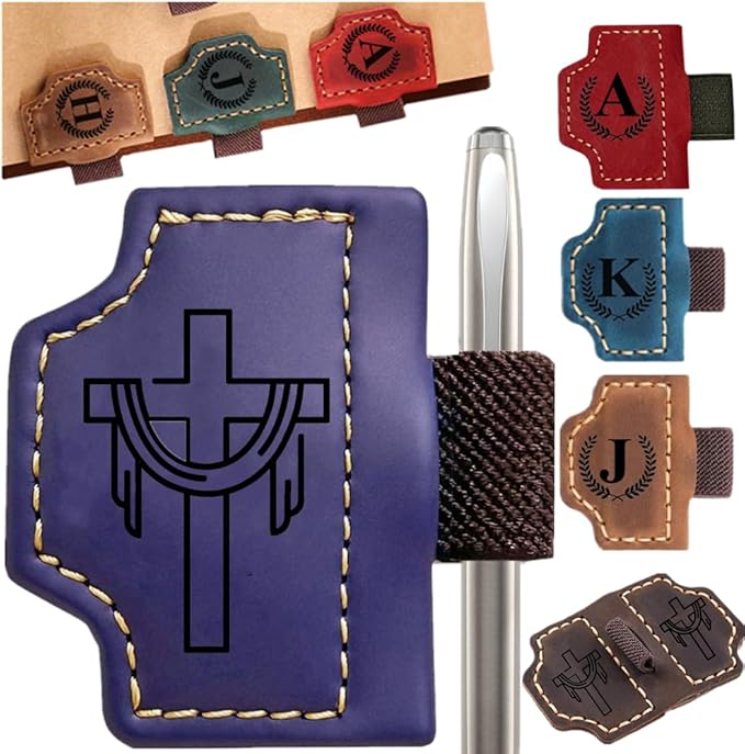 Custom Bookmark with Pen Holder with 26 Letters Personalized Magnetic Leather Book Mark, Customized Name Book Marker Clip with Initial for Men Women, Gifts for Book Lovers, Readers, (Purple, Cross-2)