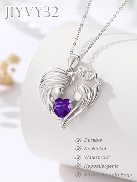 Mother and Daughter/Son Love Heart Necklace White Gold/14K Gold/Rose Gold Birthstone Jewelry Christmas Mothers Day Birthday Gifts For Mom Wife Grandma Women