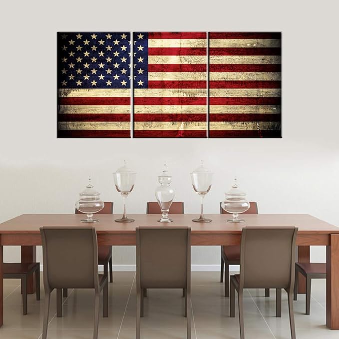 Native American Flag Pictures Star Stripes Paintings Patriotic Artwork Grunge Red Wall Art 3 Panel Prints on Canvas for Living Room Giclee House Decoration Framed Stretched Ready to Hang(60''Wx28''H)