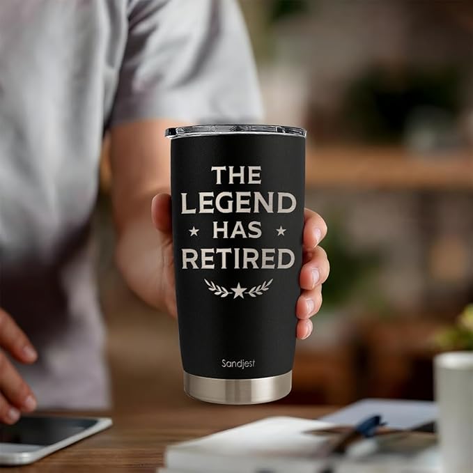 SANDJEST Retirement Tumbler 20oz, Stainless Steel Travel Cup with Lid, The Legend Has Retired Insulated Coffee Mug, Retirement Gifts for Men Coworkers Boss Friends on Birthday Christmas Farewell