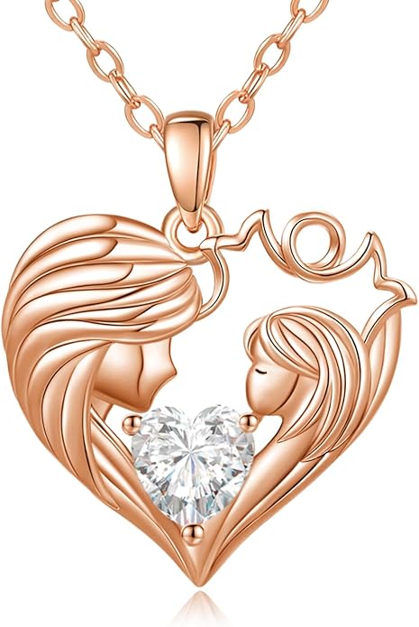 Mother and Daughter/Son Love Heart Necklace White Gold/14K Gold/Rose Gold Birthstone Jewelry Christmas Mothers Day Birthday Gifts For Mom Wife Grandma Women