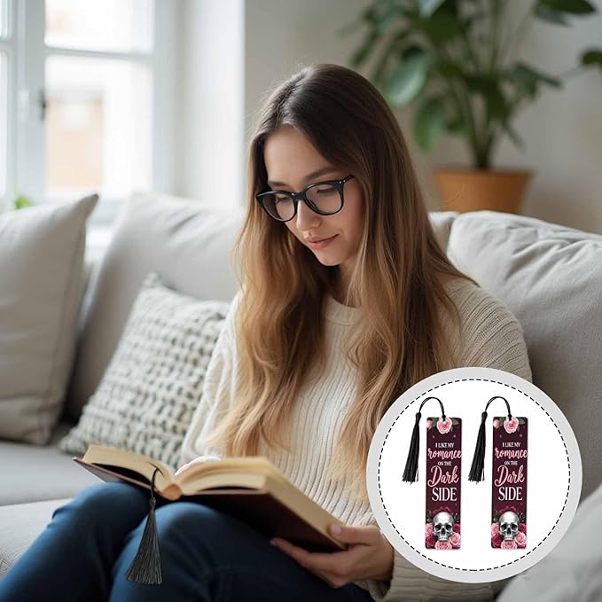 Romantic Skull Rose 5 Pcs Bookmarks Flower Halloween Valentine Dark Red Wooden Bookmarks with Tassel for Students Reader Teachers Book Lovers