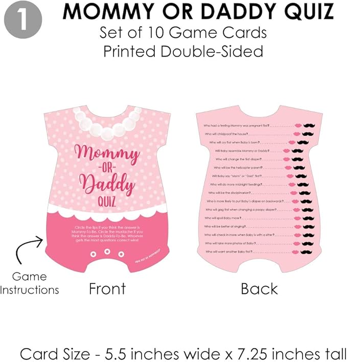 Big Dot of Happiness Baby Girl - 4 Pink Baby Shower Games - 10 Cards Each - Who Knows Mommy Best, Mommy or Daddy Quiz, What’s in Your Purse and Oh Baby - Gamerific Bundle