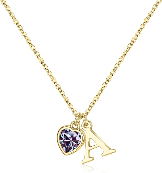 Turandoss Valentines Day Gifts for Her Trendy, Dainty 14K Gold Plated Initial A-Z Heart Birthstone Pendant Necklace Personalized Bridesmaid Birthday Valentines Jewelry Gifts for Women Girls