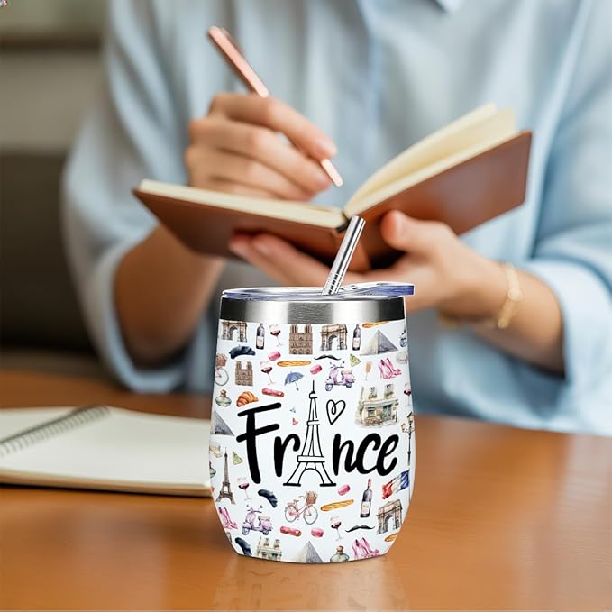 France Paris Travel Souvenir 12oz Insulated Cup with Lid Straw Wine Tumbler Double Wall Vacuum Insulated Travel Cup,Travel Weekender Gifts for Women Men Sister Bestie Girl Christmas Birthday Halloween
