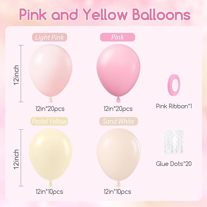 60pcs Pink and Yellow Balloons 12inch, with Sand White Latex Balloons for Anniversary Wedding Baby Shower Birthday Party Decorations