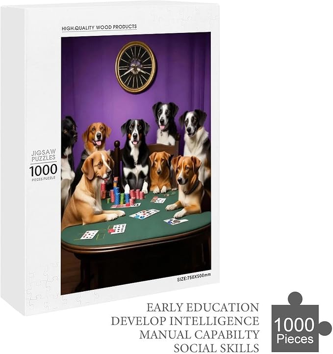Wooden Puzzle - Dogs Playing Poker Jigsaw Puzzles，Wooden Puzzles for Adults 1000 Pieces Challenge Puzzles，Educational Games，Family Puzzles，Unique Gifts for Wall Art