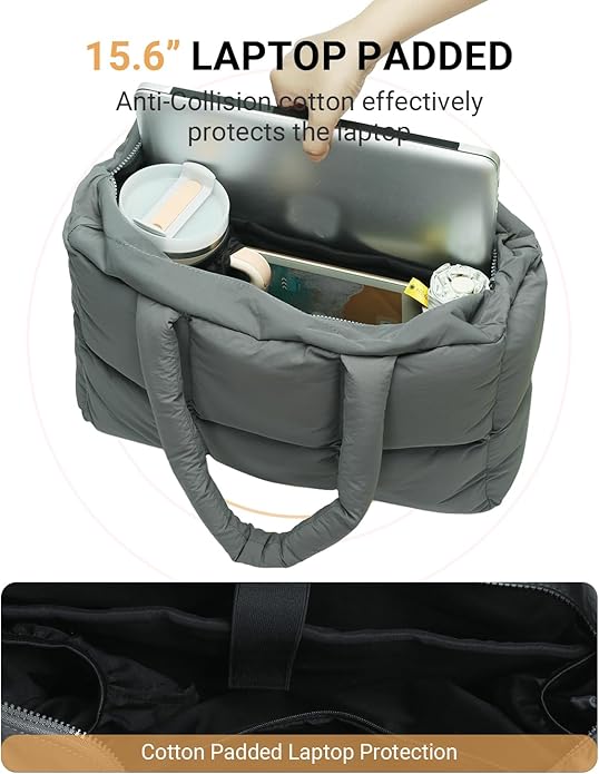 Herald Puffer Tote Bag for Women, Large Quilted Puffy Handbag Lightweight Satchel Purse with Cup Holder & Compartment