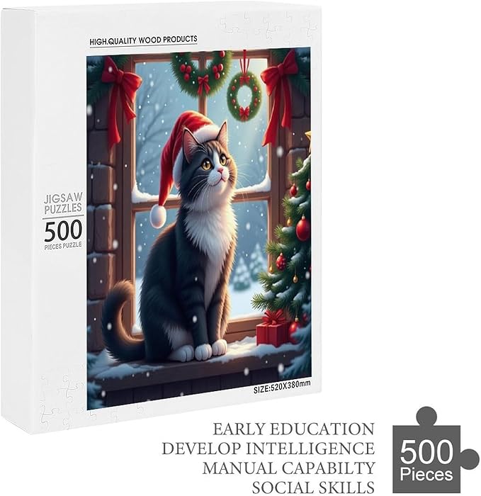 Jigsaw Puzzles for Adults 500 Piece - Christmas Black Cat Wooden Puzzles, Puzzle Games, Stress Relief Games, Funny Puzzles，Unique Gifts for Wall Art