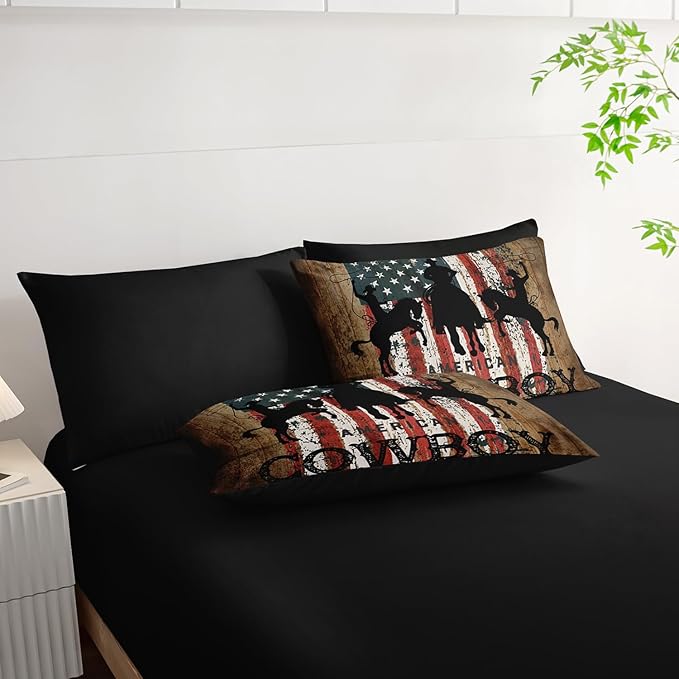 AILONEN Western Cowboy Comforter Set Full Size,7-Piece Rodeo Cowboy Riding Bull Bed in a Bag,United States Retro Country Style Comforter & Fitted Sheet & Flat Sheet & 2 Pillowcases,Soft Microfiber