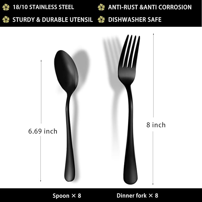 Black Spoons and Forks Set, Set of 16 Top Food Grade Stainless Steel Forks and Spoons Silverware Set, Kitchen Accessories Cutlery Set, Mirror Finish