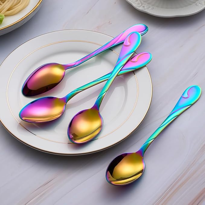 Rainbow Dinner Spoon Set, 7.6-inch Stainless Steel Spoon Silverware, 6-Piece Shiny Rainbow Soup Spoons Table Spoon, Dishwasher Safe, Set of 6