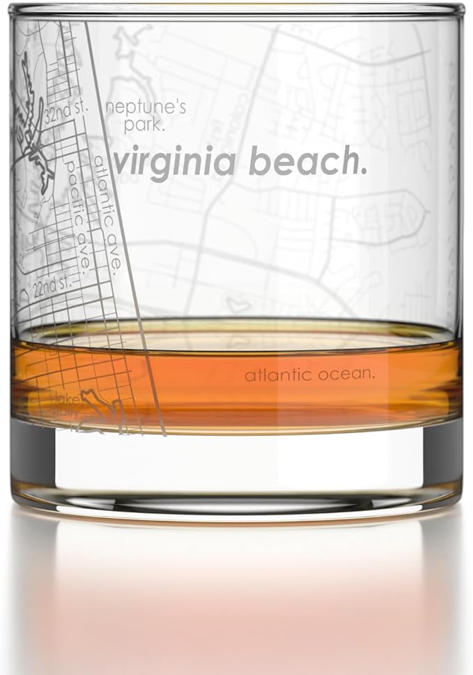Well Told Engraved Virginia Beach Virginia Map Rocks Glass, Old Fashioned Glassware (11 oz, Clear) Etched Bourbon Tumbler, Gifts For Whiskey Lovers