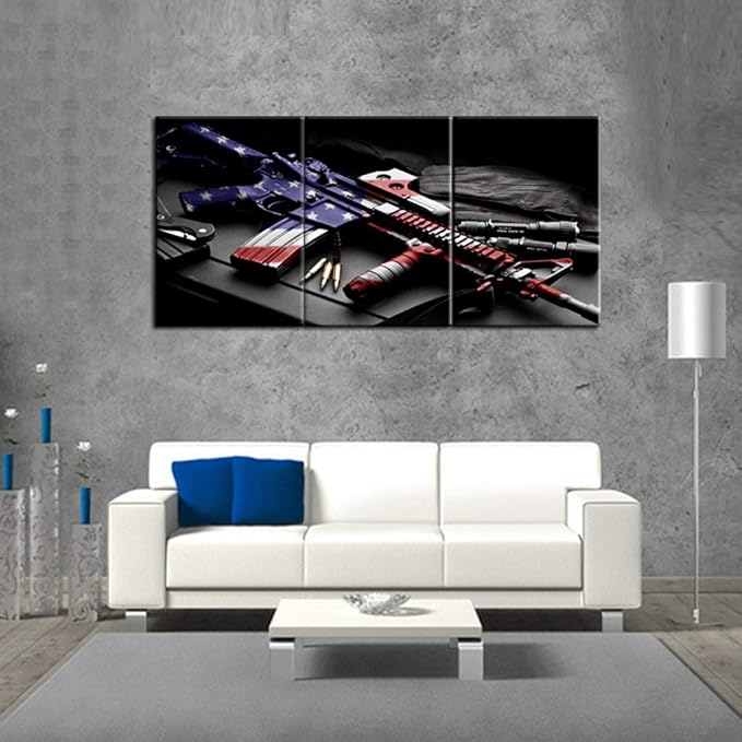 Wall Art for Living Room Handgun and American Flag Composite Paintings Black Prints Pictures on Canvas Premium Quality Artwork Giclee Modern House Decor Framed Stretched Ready to Hang(60''Wx28''H)