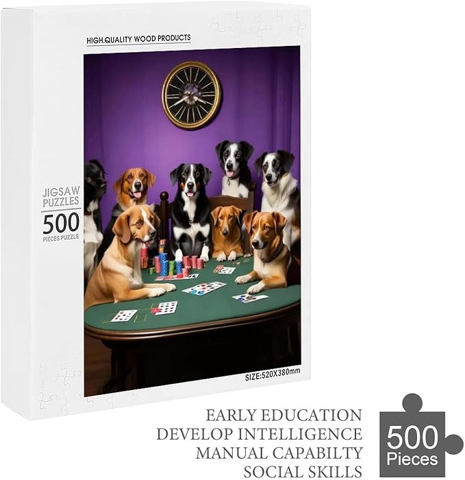 Wooden Puzzle - Dogs Playing Poker Jigsaw Puzzles，Wooden Puzzles for Adults 500 Pieces Challenge Puzzles，Educational Games，Family Puzzles，Unique Gifts for Wall Art