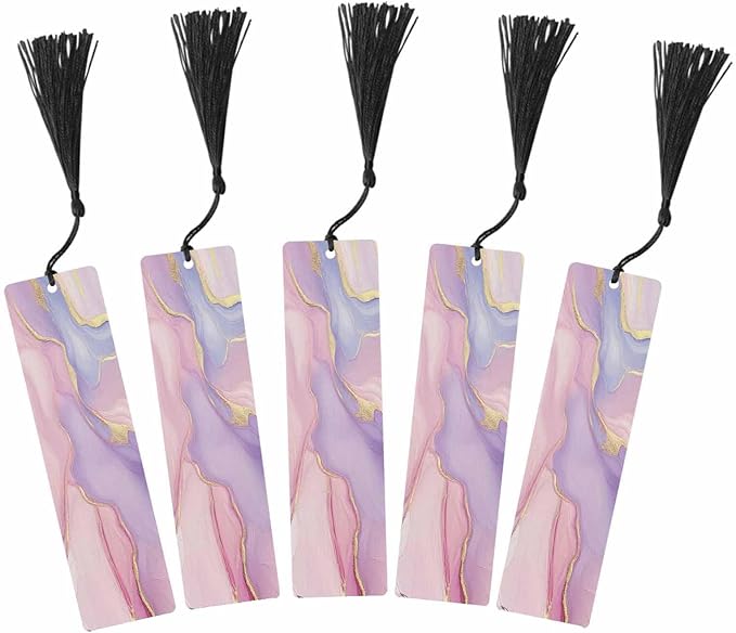 Pink Marble Bookmarks Set 5 with Tassels Purple Golden Wooden Bookmarks for Reading Women Men Students Teachers School Supplies