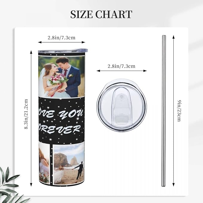 Personalized Custom tumbler Coffee Mug with Lid and Straw Hot and Cold Stainless Steel Vacuum Insulated Travel Mug with Photo Personalized tumbler Gift (20 oz, Cylinder, 6 photos