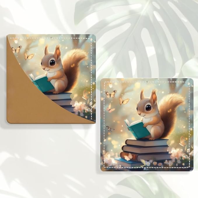 2PCS Leather Bookmarks 3.54 x 3.54 Inch Spring Squirrel Reading with Blossoms Design Reading Accessories for Books Journals Bibles Travel Diary Students Teachers and Book Lovers Gift