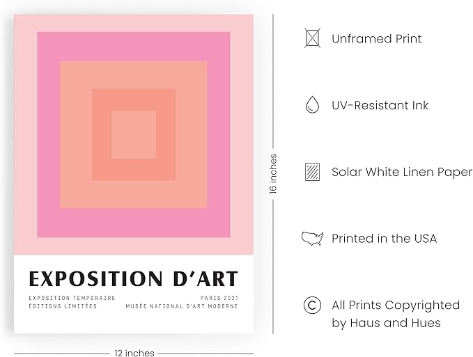 HAUS AND HUES Art Exhibition Poster, Danish Pastel Wall Decor, Pink Aesthetic Wall Art, Geometric Art Prints (Unframed, 12x16)