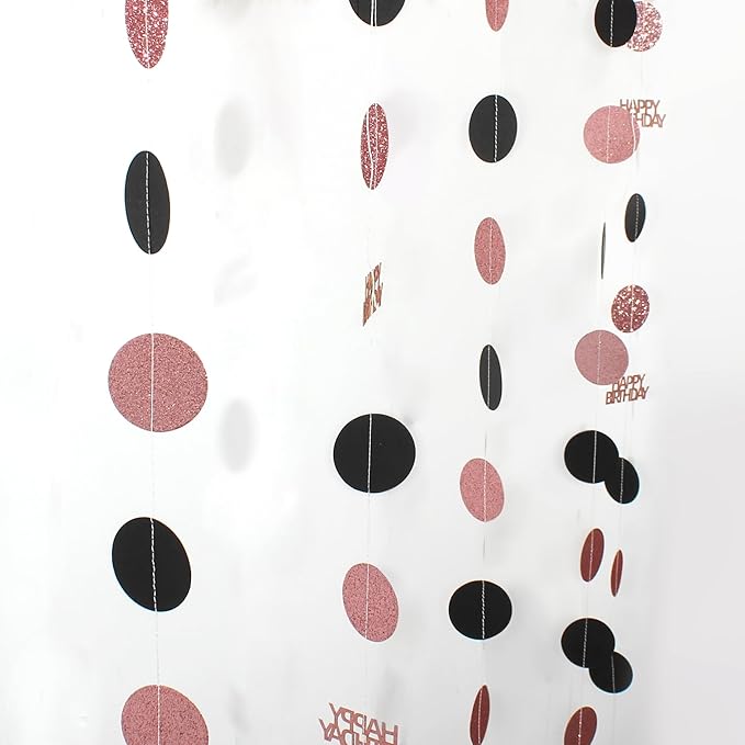 Rose Gold and Black Happy Birthday Decorations, 6PCS Glittery Circle Dots Garland and 6PCS Rose Gold/Black Balloons for Birthday Party Decor Balloon Tails