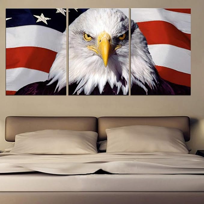 Native America Flags Paintings Bald Eagle Head Pictures for Living Room Patriotism Artwork 3 Piece Canvas Prints Wall Art Modern House Decorations Framed Gallery-Wrapped Ready to Hang(60''Wx28''H)