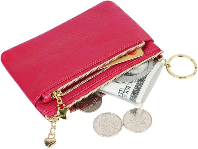Women's Genuine Leather Coin Purse Zipper Pocket Size Pouch Change Wallet, Rose