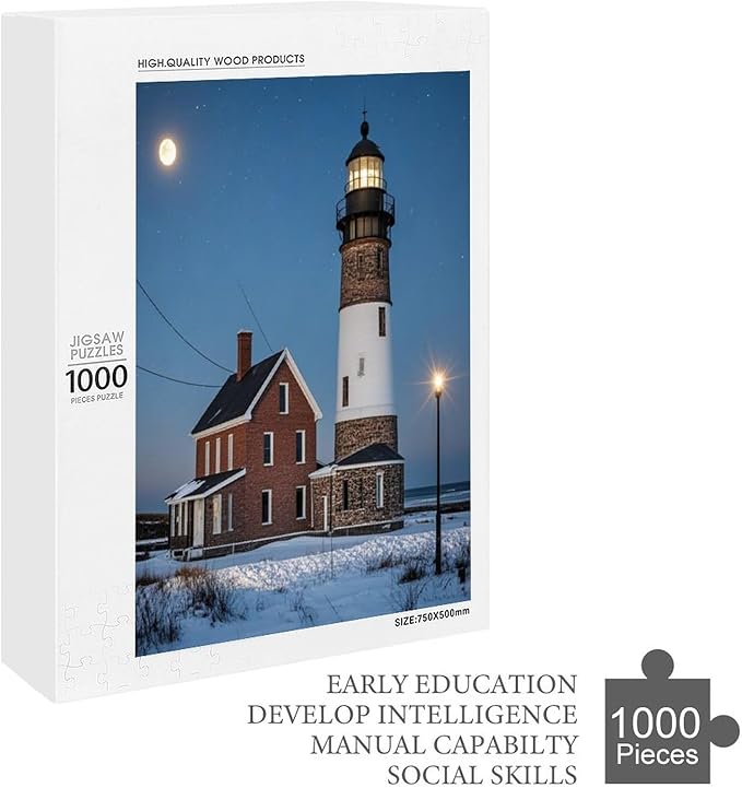 Puzzles for Adults 1000 Pieces Wooden Jigsaw Puzzle - Lighthouse Near Building Winter Theme Puzzle，Party Games，Family Toys，Educational Puzzles，Stress Relief Wooden Puzzle，Gifts for Family and Friends