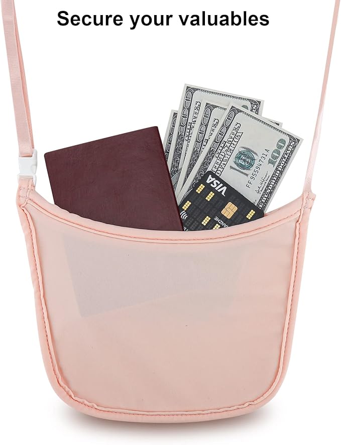 Hidden Wallet, Travel Hidden Wallet Under Clothes, Undergarment Crossbody Secert Body Pouch for Passport Money & Valuables, (Pink)